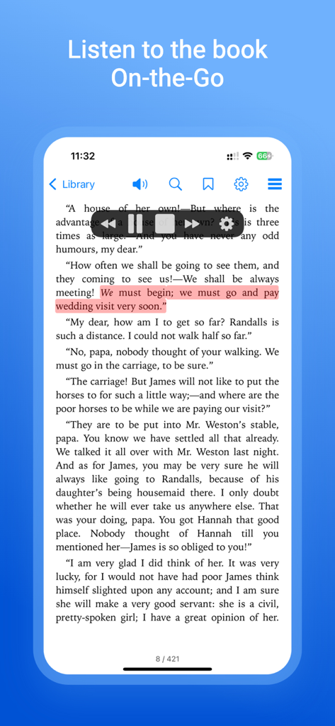 Novels Stories & Books Reader - Screenshot of the Novels Stories and Books Reader app showing audio playback controls on a classic novel page.