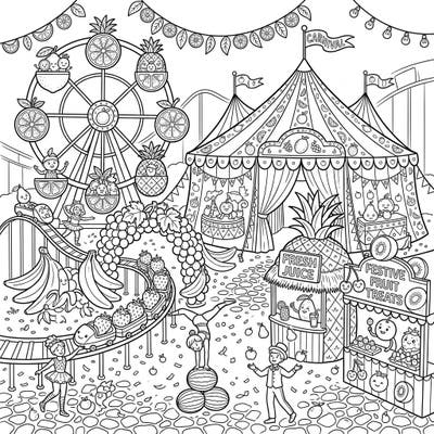 Step right up to a world where fruits take center stage in a lively carnival! This engaging coloring page for teens offers a dynamic scene packed with intricate details, perfect for hours of creative fun.