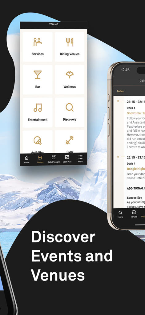 Scenic Luxury Cruises - A luxury cruise app interface showing venue categories and a daily event program schedule over a scenic icy mountain background.
