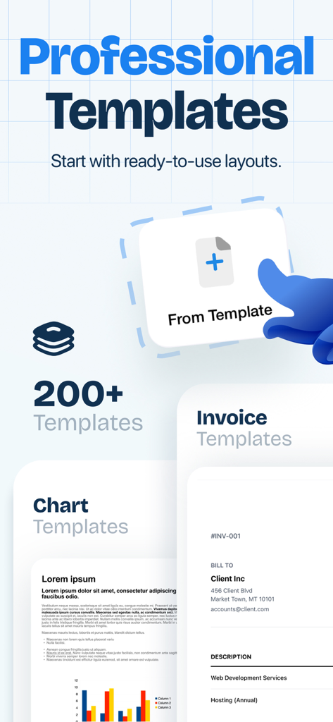 Word Editor app interface showcasing over 200 professional document templates for invoices and charts