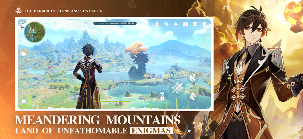 Zhongli che domina la regione di Liyue nel gameplay mobile di Genshin Impact Cloud