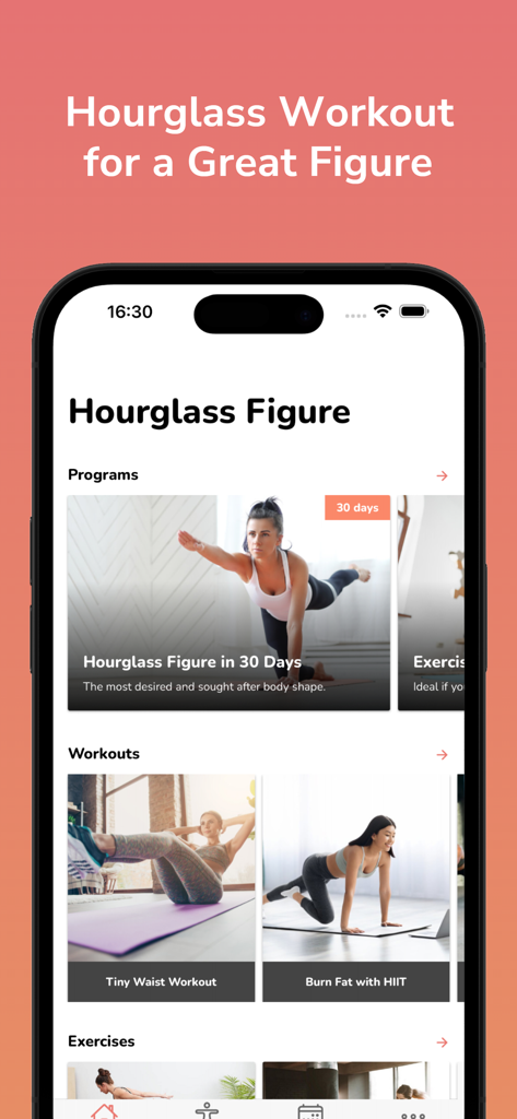Hourglass Figure Challenge - Interface of the Hourglass Figure Challenge app showing workout programs like Hourglass Figure in 30 Days and Tiny Waist Workout