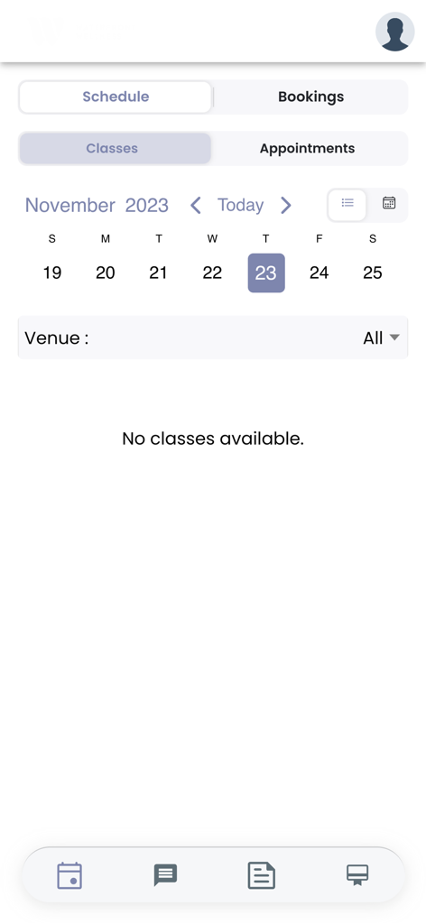 Écran de calendrier de l'application Waterfront Wellness montrant les options de calendrier et de réservation