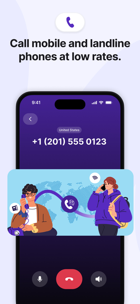 Telicall: Global Phone Calls - Telicall app screen showing an active call to a US phone number and highlighting low rates for international calls