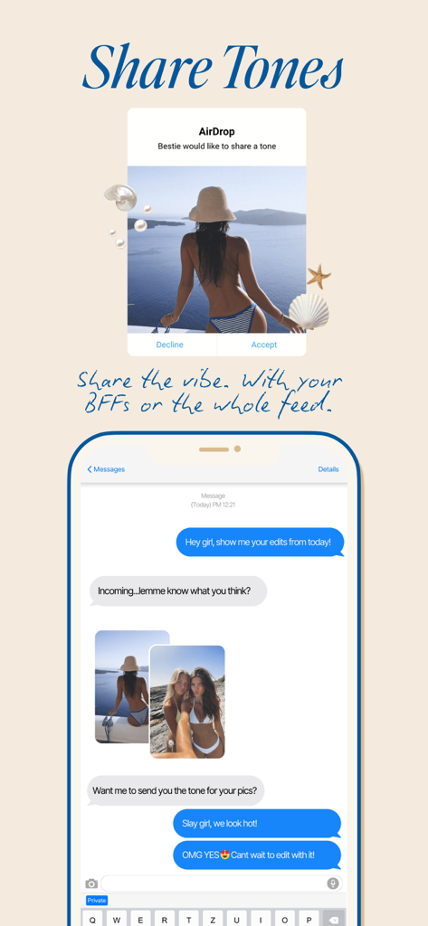 Screenshot of Colortone app showing users sharing photo filters through AirDrop and text messages