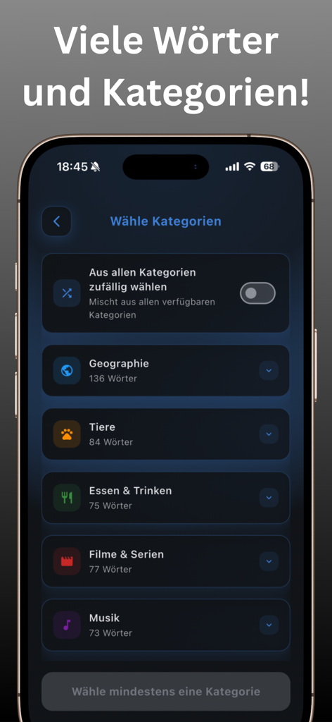 Impostor - Multiparty - Tela de seleção de categorias para o jogo Impostor multiparty com tópicos de palavras como geografia e filmes