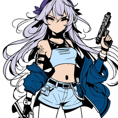 bad girl wearing crop top holding a gun long hair anime