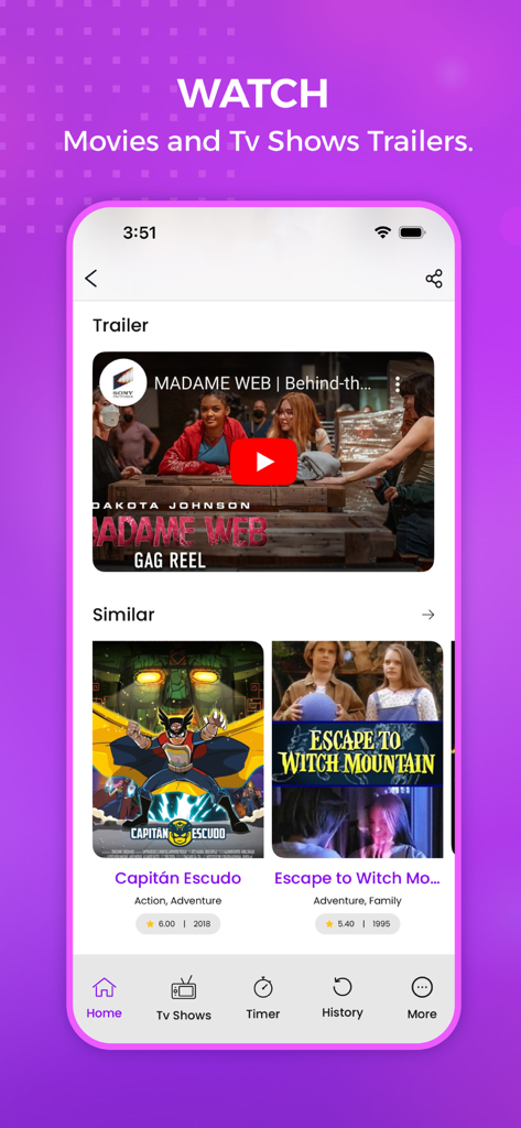 Mobile App-Oberfläche, die einen Film-Trailer-Player und ähnliche Filmempfehlungen zeigt