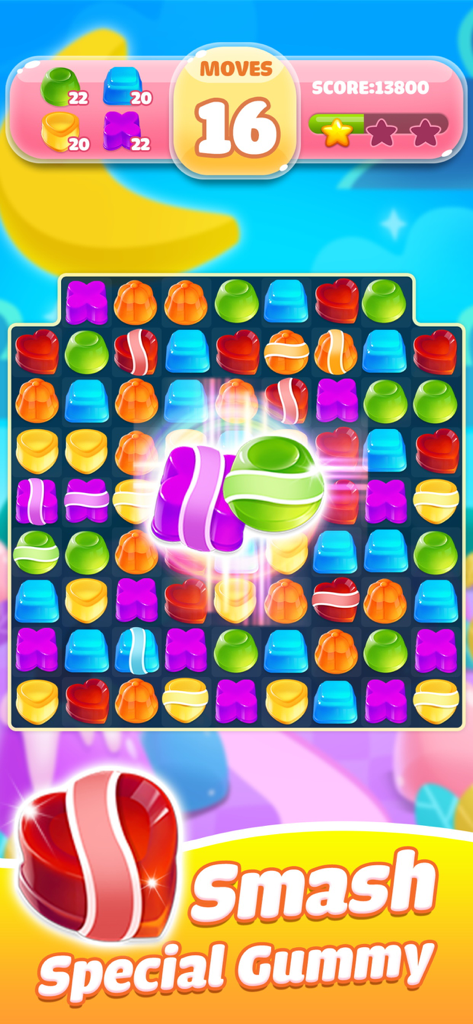 Jelly Jam Crush - Match 3 Game - Jelly Jam Crush gameplay showing colorful jelly grid and special gummy boosters in a match 3 puzzle