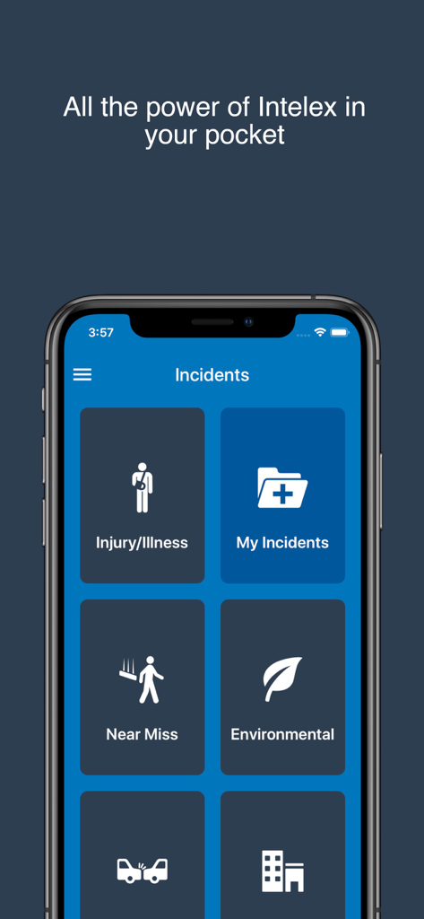 Intelex Mobile - Tableau de bord de l'application Intelex Mobile montrant des icônes de reporting d'incidents pour les blessures, maladies, quasi-accidents et secteurs environnementaux