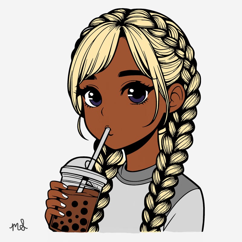 realistic girl with braided hair drinking boba
