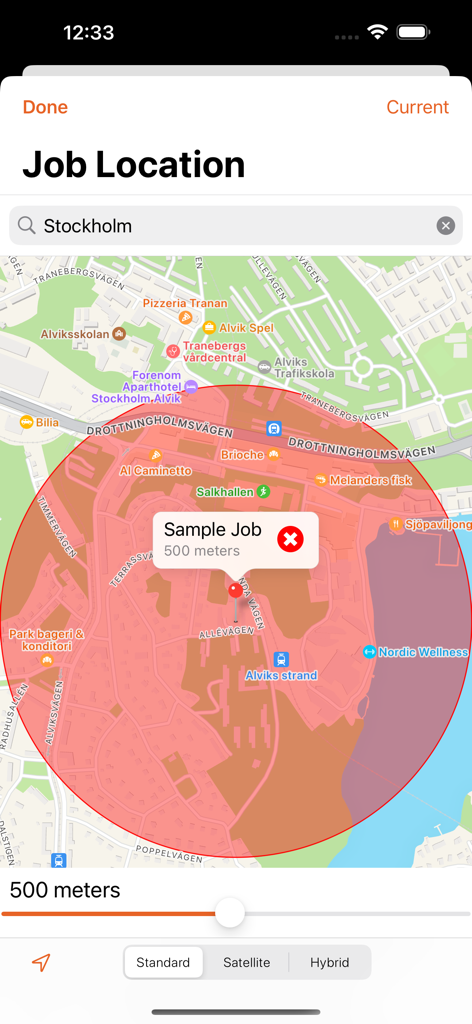 Interfaccia dell'app Time Arc che mostra la configurazione del raggio di geofencing su una mappa per il monitoraggio dei lavori.