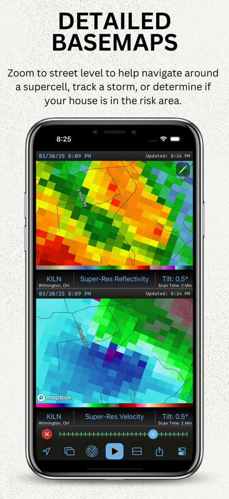 WeatherFront - Radar & Models - WeatherFront app displaying dual-pane high-resolution radar reflectivity and velocity data