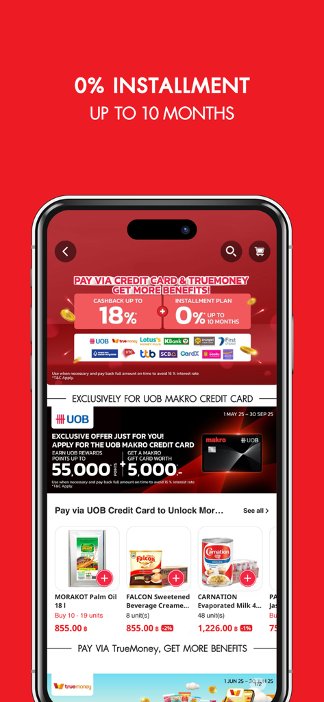 Interfaccia dell'app Makro PRO che mostra piani di rateizzazione a tasso zero e prodotti alimentari all'ingrosso.