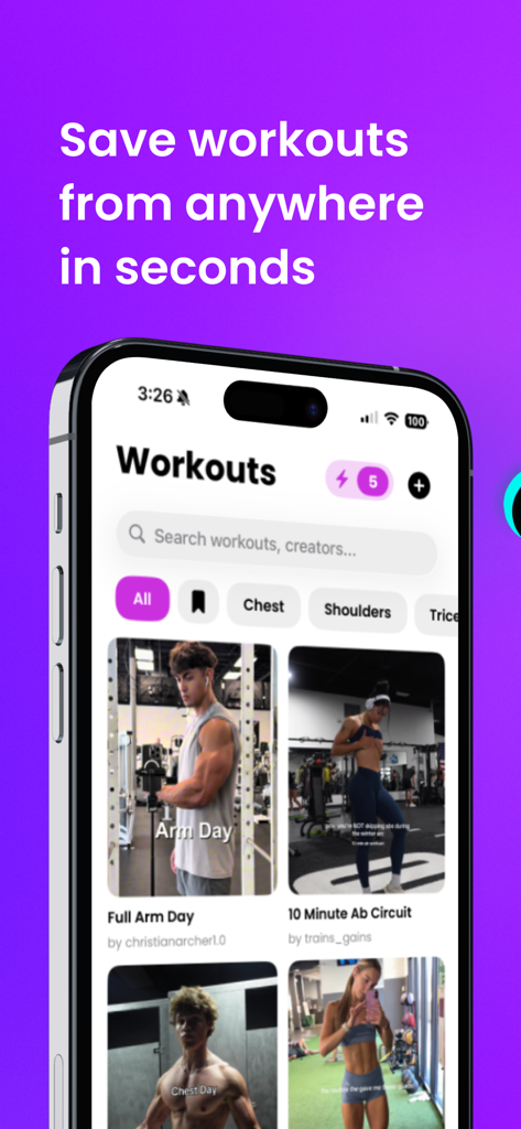 Interface do aplicativo Gymdex mostrando uma biblioteca de rotinas de treino salvas, organizadas por parte do corpo e criador