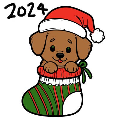 cute puppy wearing santa hat in socking