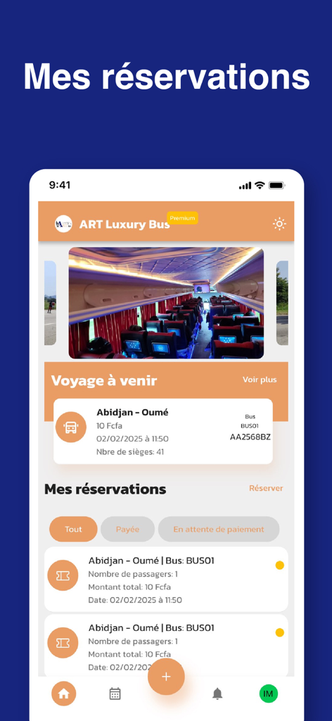 The my reservations screen of the Art luxury bus mobile application showing upcoming trip details from Abidjan to Oume