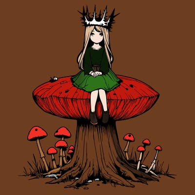 realistic girl sitting on a huge tree stump size toadstool with thorn crown