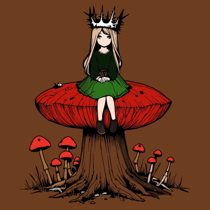 realistic girl sitting on a huge tree stump size toadstool with thorn crown