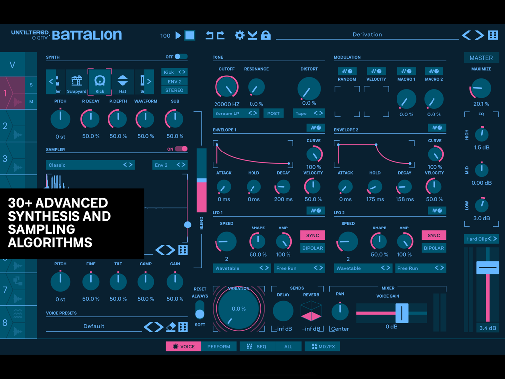 Interface of Battalion Drum Machine app showing advanced synthesis and sampling algorithms with modulation and tone controls