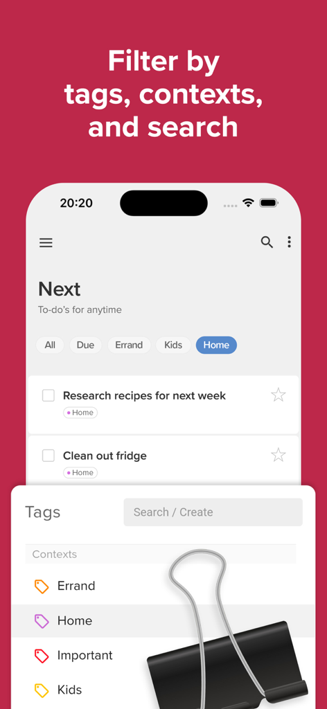 Nirvana for GTD mobile app screen showing task filtering with tags and contexts