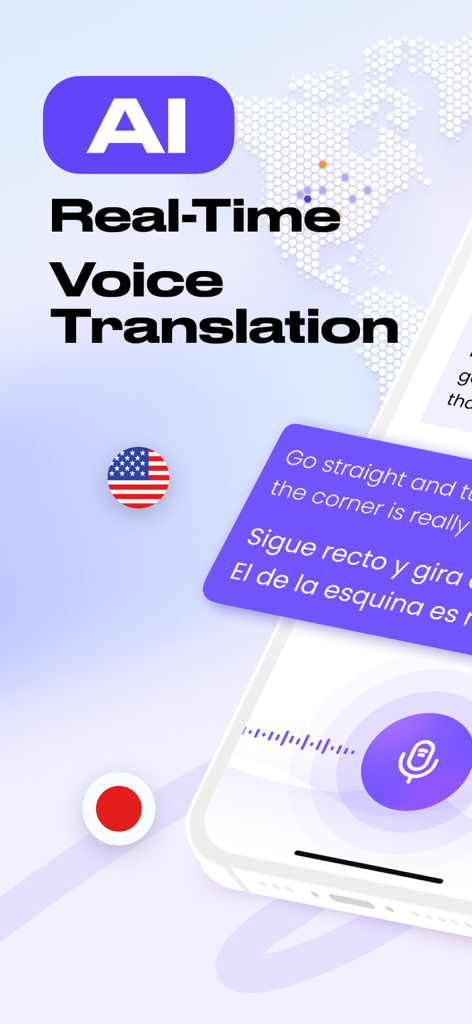Screenshot of Felo Translator app featuring AI real-time voice translation with English and Spanish subtitles on a mobile phone interface