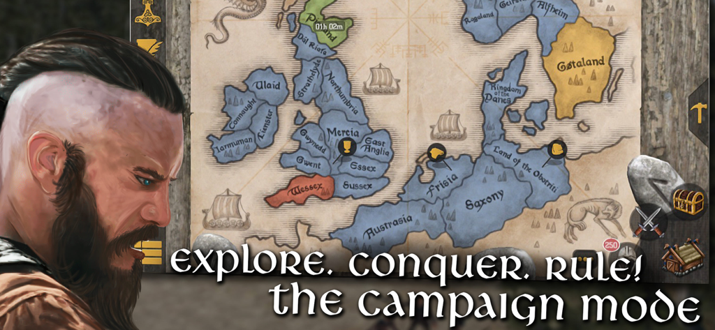Vikings at War - Viking warrior looking at a strategic map with the text Explore Conquer Rule the campaign mode