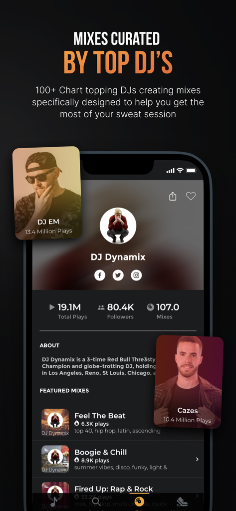 Fit Radio app interface displaying professional DJ profiles and curated music mixes for fitness training