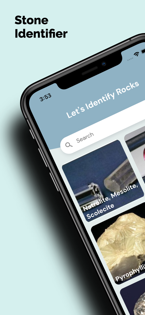 Stone Identifier : Rock finder - Smartphone screen displaying the Stone Identifier app interface with a search bar and various crystal identification options