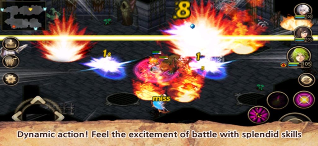 Inotia 4 PLUS - Gameplay screenshot of Inotia 4 PLUS showing a dynamic battle with vibrant skill effects and pixel art characters