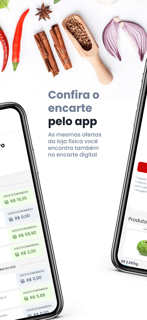 Mobile interface of Clube Stok Center app showcasing digital flyers and user savings history.