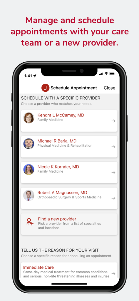 A mobile screen from the Ohio State MyHealth app showing options to schedule an appointment with specific doctors or find a new provider.