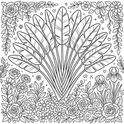 Immerse yourself in the freshness of spring with this detailed Travelers Palm Leaf coloring page. Celebrate new beginnings as you bring vibrant hues to this magnificent plant amidst a flourish of seasonal blooms.