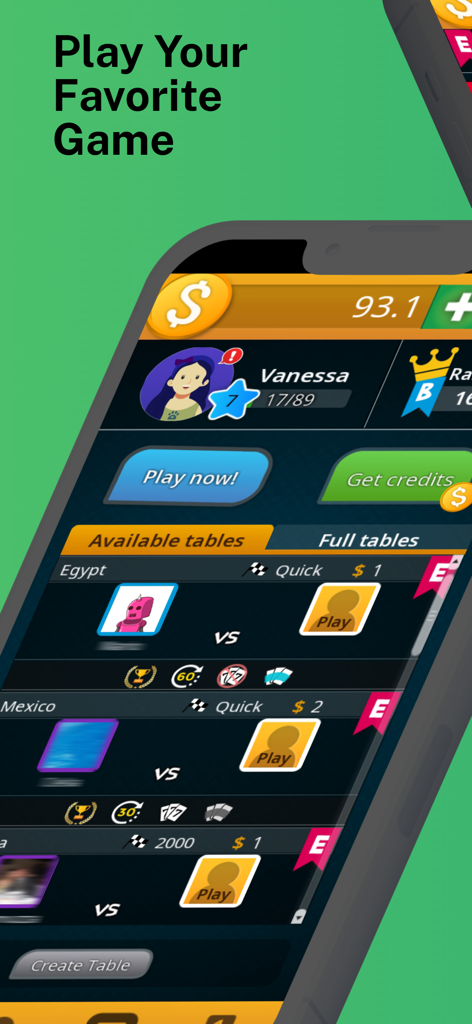 Interface of the Burraco app showing available multiplayer game tables