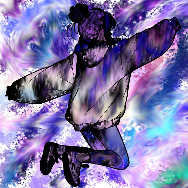 realistic girl jumping with a bun and oversized sweatshirt