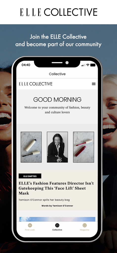Interface of the ELLE Collective community screen within the mobile app