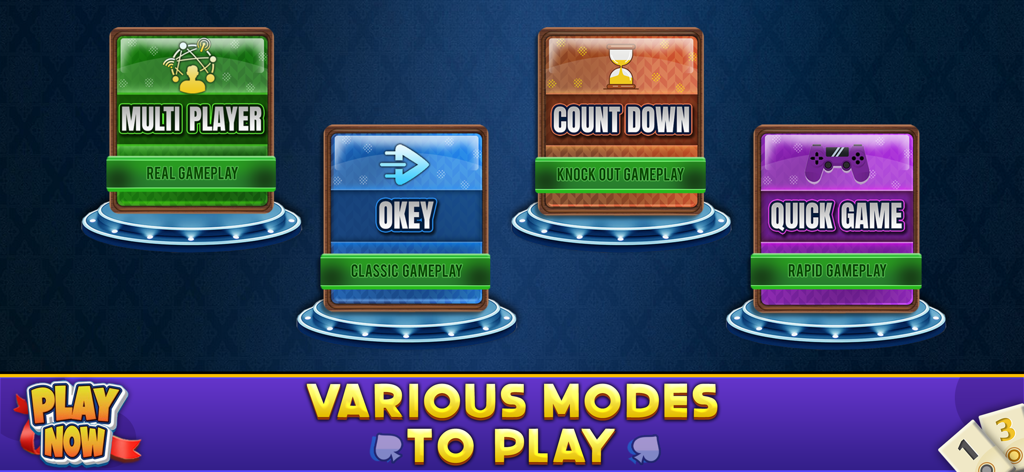 Okey - Offline Board Game - Una pantalla de menú para Okey Juego de Mesa Offline mostrando cuatro modos de juego diferentes: Multijugador, Okey Clásico, Cuenta Atrás y Partida Rápida.