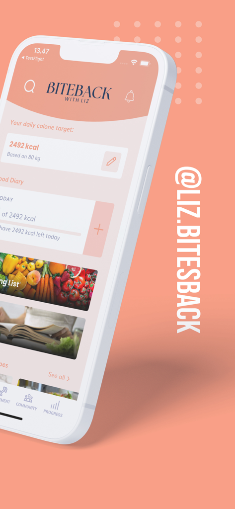 Bite Back With Liz app showing calorie targets and food diary on an iPhone