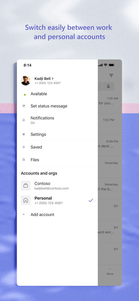 회사 계정과 개인 계정 간에 전환하는 메뉴를 표시하는 Microsoft Teams 모바일 앱 인터페이스