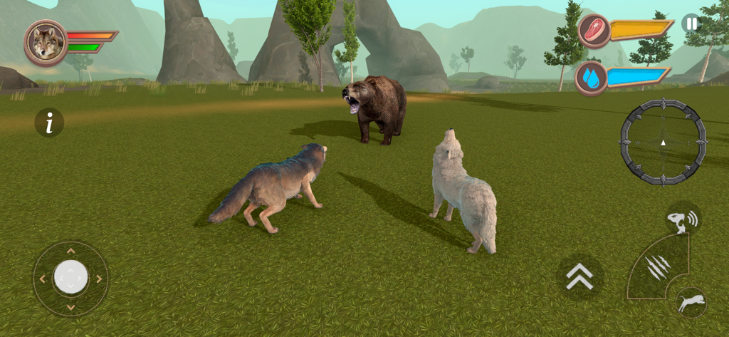 Wild Wolf Family Simultator - Deux loups affrontant un ours dans un simulateur de survie d'animaux sauvages