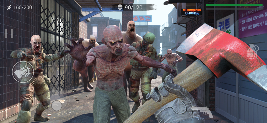 First person perspective of a player using a bloody axe to fight a horde of zombies in an urban street.