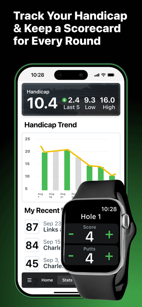 SwingU: Golf GPS Range Finder - Interfaz de la aplicación SwingU que muestra la tendencia del hándicap de golf en iPhone y una tarjeta de puntuación digital en Apple Watch