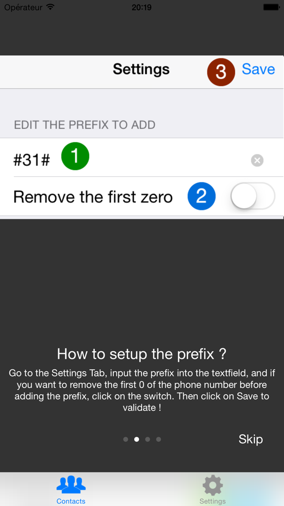 Tutorial screen for configuring the caller ID hide prefix in the app settings