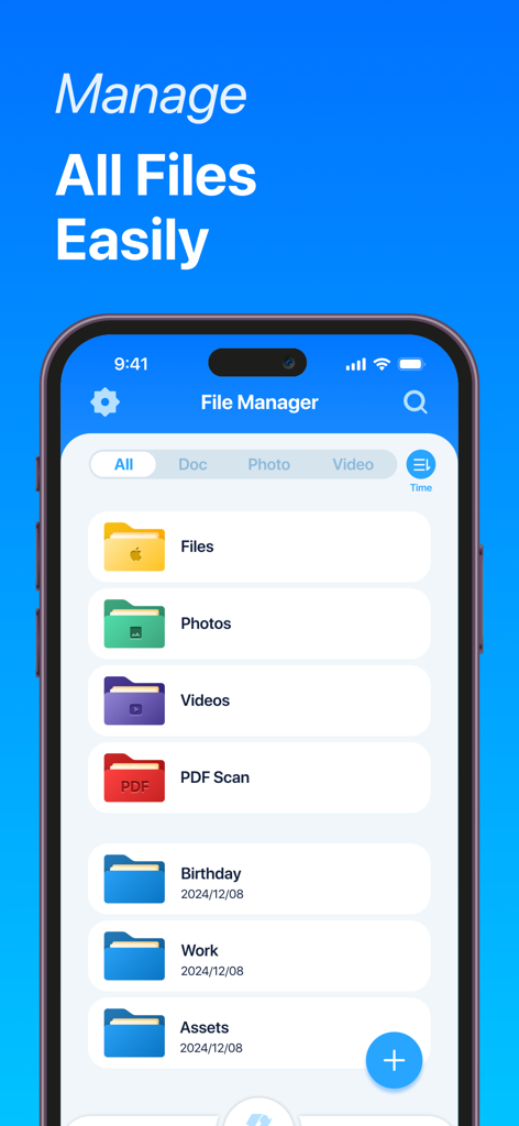 Phone Cleaner & File Manager - Phone Cleaner and File Manager app interface showing organized folders for photos videos and documents on an iPhone