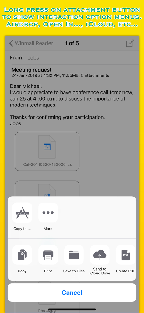 Winmail Reader - Winmail Reader interface showing export and sharing options for email attachments