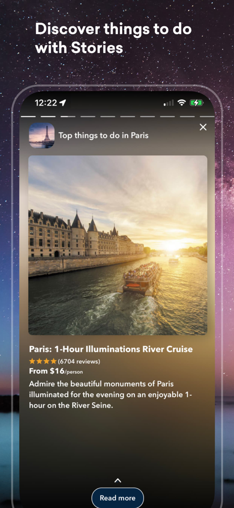 Skiplagged - Travel Hacks - 스키플래그드 앱 인터페이스가 파리의 여행 이야기와 활동을 표시합니다.