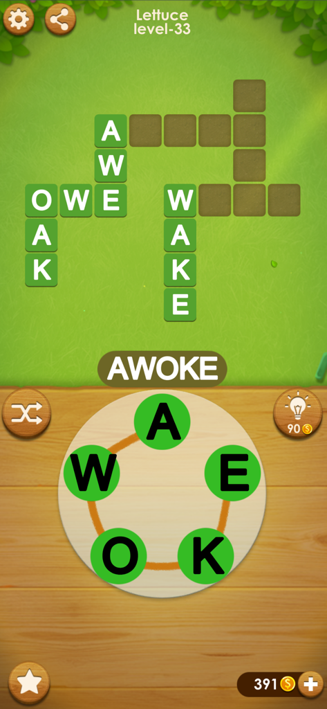 Word Farm Cross - Gameplay screenshot of Word Farm Cross showing a crossword puzzle on a green field background with a letter wheel to find words