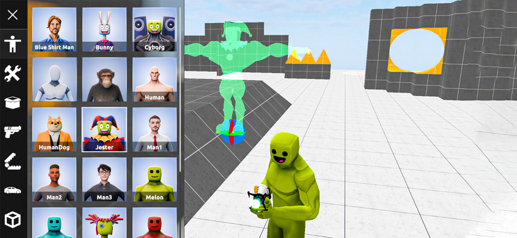 A menu showing various character skins and a yellow character in the 3D sandbox environment of Melon Smash