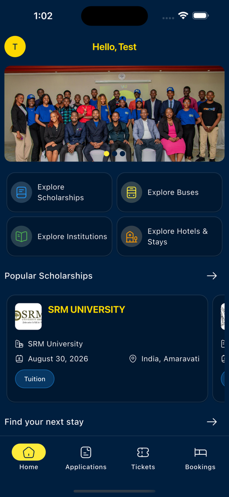 Let's GO - Home screen of the Let's GO super app showing scholarship, transport, and hotel booking options