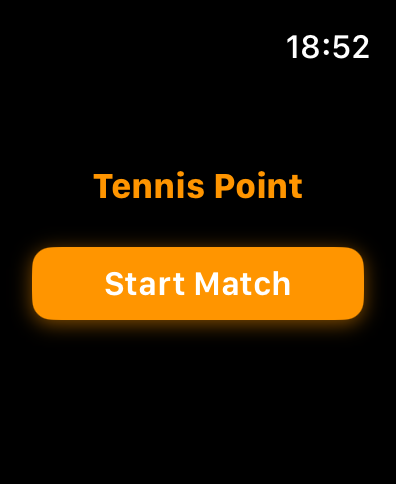 Pantalla de inicio de partido de la aplicación Tennis Point en Apple Watch con un gran botón naranja de Iniciar Partido.